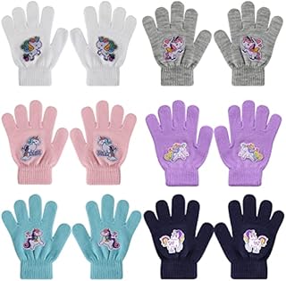 QKURT 6 Pairs Kids Gloves, Children Unicorn Gloves Winter Thermal Magic Gloves Full Finger Stretchy Kids Knitted Gloves Mitten for Boys Girls 5-12 Years Old