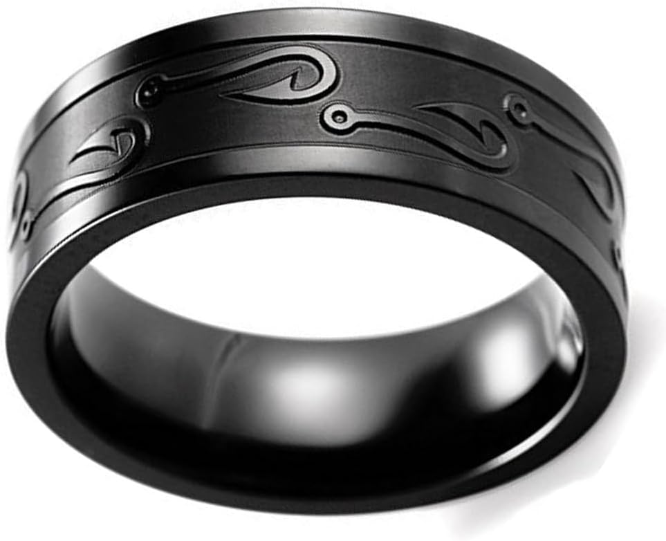 (8mm) Unisex or Men's Fishing/Fisherman's Wedding Ring band. Black Steel Band with Embossed Fish Hooks. Wedding Ring. One Year Warranty Included.