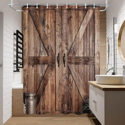 Jipusai Rustic Barn Door Shower Curtain for Bathroom, Retro Countryside Wood Board Bathroom Decor Curtain Sets,Art Vintage Famhouse Western Bath Curtains RV Shower Curtains with Hooks,48X70IN