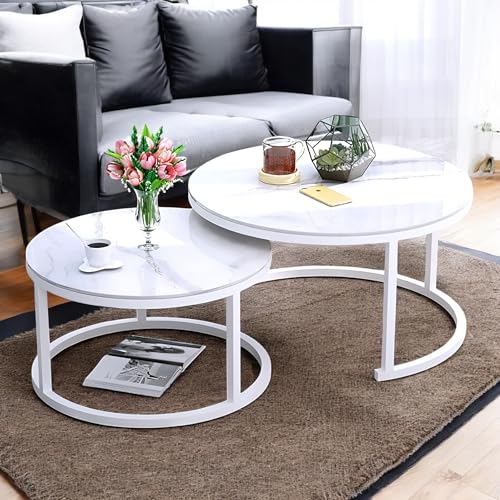 Image of Two-Piece Marble Look Coffee Table Set, top end Side Table, Metal Frame Cocktail Table, Nesting Tea Table, and Home Furniture Size for Living Rooms (White)