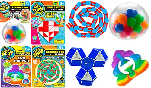 JA-RU Bop Ball, Twist Snake Magic Cube, Wacky Links Chain, Hand Snapper Fidget Toy (4 Units Bundle) Stretchy Balls & Sensory Stress Relief Toys for Kids & Adults 4787-4780-4791-4786