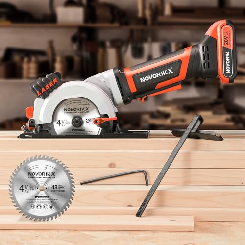 NovorikX 20V Mini Circular Saw Cordless 4-1/2" with Laser 3400RPM, 2 Saw Blades with Rip Guides, Max Cutting Depth 1-11/16" (90°), 1-1/10" (45°) for Wood,Soft Metal, Plastic, Drywwall, Tile Cuts - Image 7