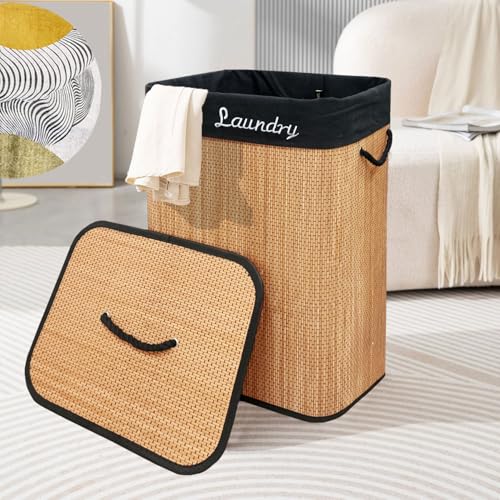 Image of LUXE HOME INTERNATIONAL Rectangle Bamboo Laundry Basket with Lid | Eco-Friendly, Foldable & Lightweight Organizer (Natural, 40x30x60 cm, Pack of 1)