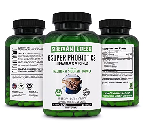 Siberian Green 6 Super Probiotics 120 Capsules - Traditional Formula Rich with Bifido & Lacto Acidophilus to Soothe Digestion, Restore Normal Flora