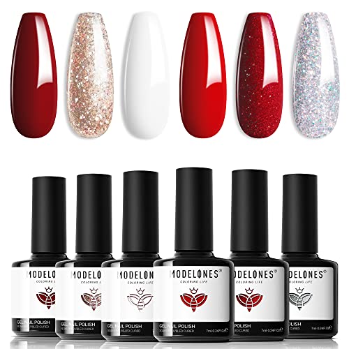 modelones Red Gel Nail Polish Set 6 Colors 2026 White Glitter Sparkle Bright Burgundy Dark Rose Champagne Silver Candy Cane Nail Polish Kit Soak Off Nail Art Salon DIY Gift Women