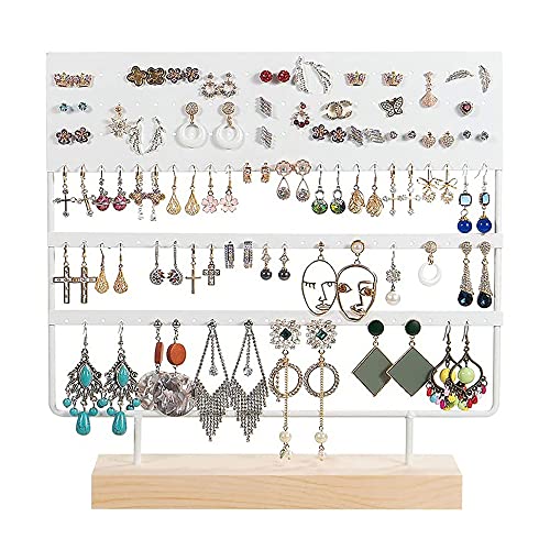 Homeanda Ohrring Organizer Schmuck Display Aufbewahrungsständer mit Holzsockel, Ohrring Display Stand, Ohrringhalter für hängende Ohrringe, 144 Löcher (Weiß) Cover