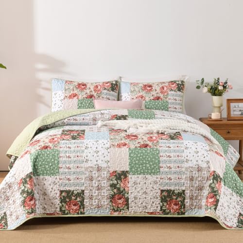 Anibedding 3Pieces Floral Patchwork Quilts Queen Size, Bohemian Red Flower Green Plaid Bedspreads with Double Pillowcases for All Season Anibedding 3Pieces Floral Patchwork Quilts Queen Size, Bohemian Red Flower Green Plaid Bedspreads with Double Pillowcases for All Season