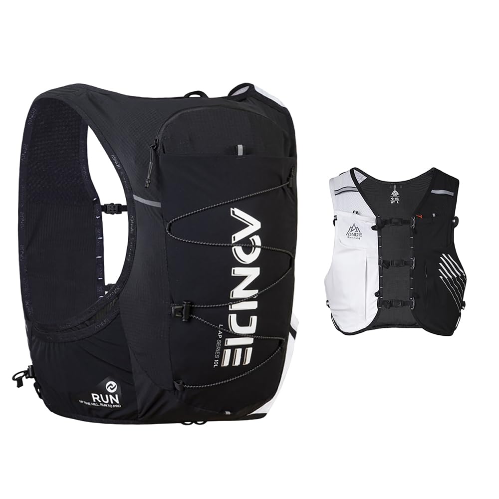 OUNERGY Running Hydration Vest 10L Large Capacity & Fits 6.8 inch Phones,Hydration Backpack for Trail Running,Hiking,Cycling (Black White with 2*500ML