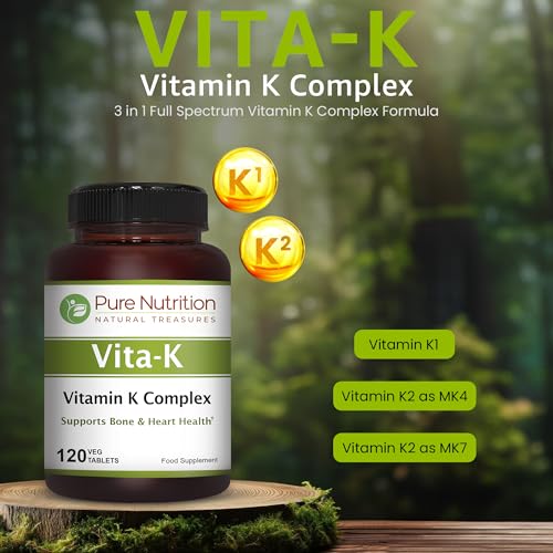 Pure Nutrition Vitamin K Complex K1 + K2 | 2250 mcg | 120 Tab | Full Spectrum K Vitamin Supplement with K1 1000mcg, K2 as MK4 1000mcg + K2 as MK7 250 mcg | Non GMO | Gluten Free - Image 3