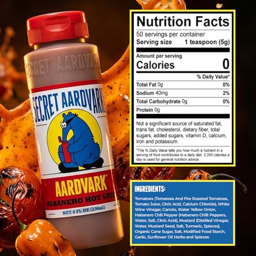 Image of Secret Aardvark Habanero Hot Sauce, Non-GMO, Low Carb, Low Sugar, 8 fl oz | Medium Spiced BBQ Marinade, Roasted Tomatoes, Vegan, Dairy-Free, No HFCS