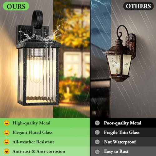 Image of BesLowe 2-Pack Outdoor Wall Light Fixtures with Fluted Glass, Black