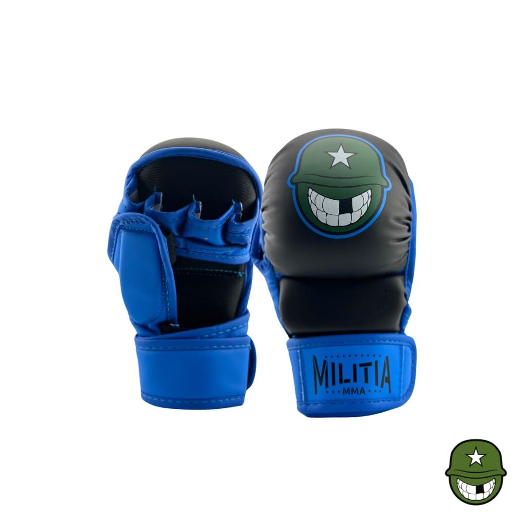 Milita MMA - 7oz MMA Sparring Training Gloves Bundle- Mouth Guard Included, Open Palm, Men & Women & Children, Kickboxing, Mauy Thai, Hybrid Grappling (Blue and Black, S)