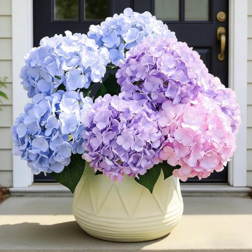 swmkwp UV Resistant Hydrangeas 6 Bundles with 30 Heads Artificial Faux Silk Flowers for Garden Porch Yard Window Box Wedding Decoration Bush for Outdoor Front Door Garden Decor Potted Topiary