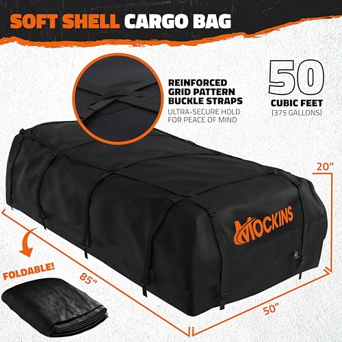 Mockins XXL 90"x50"x6" Heavy Duty Roof Rack Cargo Carrier w/ 50 CuFt Waterproof Rooftop Cargo Bag for Top of Car | All-Weather 250 Lbs Cap Car Top Carrier Roof Basket for SUV RV Van w/Accessories