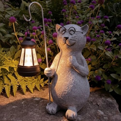 Image of lightsfever Animal Garden Statue with Solar Lantern, Cute for Patio,Balcony,Yard Decor, Lawn, Gift for Grandma (Gray Cat)