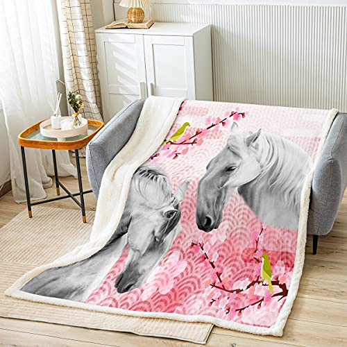 Horse Fleece Throw Blanket For Girls Boys Teens 3D Animal Theme Sherpa Blanket Kids Cherry Blossoms Plush Blanket Cute Pink Floral Room Decor Horse Lover Farmhouse Style Fuzzy Blanket Throw 50X60 Inch #TOP1