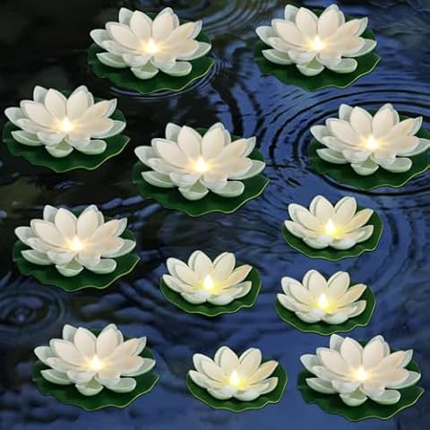 LOGUIDE Floating Pool Lights,12 Pack LED Warm White Floating Lotus Flowers with Lights,Battery Powered Waterproof Floating Flower Lights for Pool,Pond,Garden,Party Wedding Decorations Cover