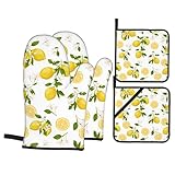 Juego de Manoplas y agarraderas para Horno de 4 Piezas, Guantes de Horno Antideslizantes Resistentes al Calor con Hojas y Flores de limón Amarillo para cocinar en la Cocina
