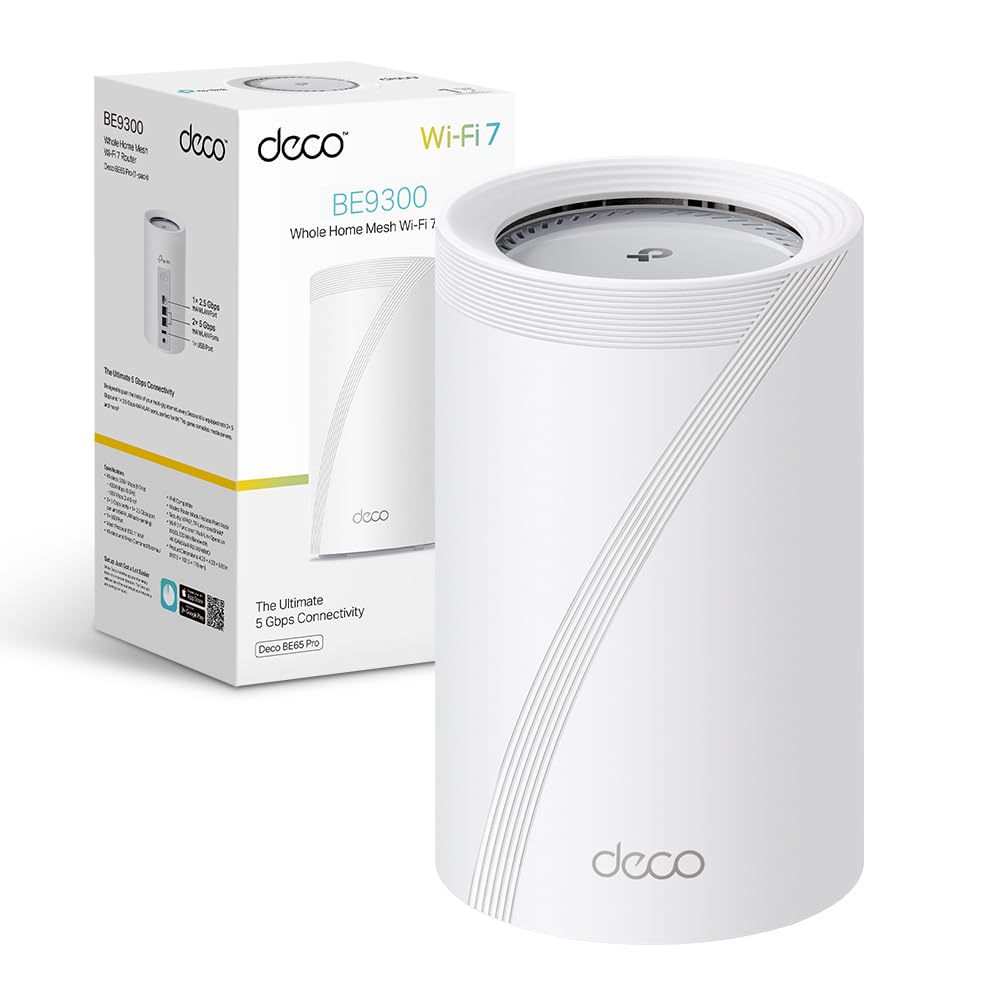 TP-Link WiFi 7 Deco BE65 Pro Router Mesh WiFi, BE 9300Mbps Tri-Band, Canali 320 MHz,2 Porte 5Gbps,Porta 2,5 Gbps, Alexa, HomeShield, MLO, Funziona con Qualsiasi ISP e Modem, 4 Antenne Interne, 1 Pezzo