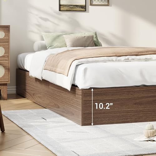 Image of GarveeHome Twin Size Wood Platform Bed Frame with 2 Storage Drawers, Wooden Bed Frame Without Headboard, Wood Slat Support, No Box Spring Needed, Easy Assembly