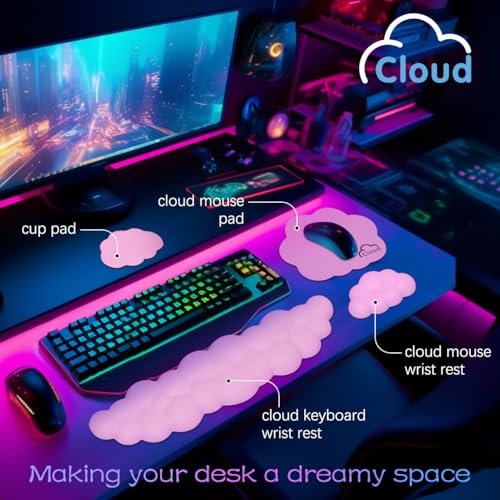 Image of 4 in 1 Ergonomic Leather Cloud Wrist Rest Keyboard and Mouse Pad & Coaster | Full 4-Piece Set, Non-Slip PU Base, Soft Memory Foam Comfort For Long Work /Gaming Hours, Cute Desk Decor, Easy To Clean