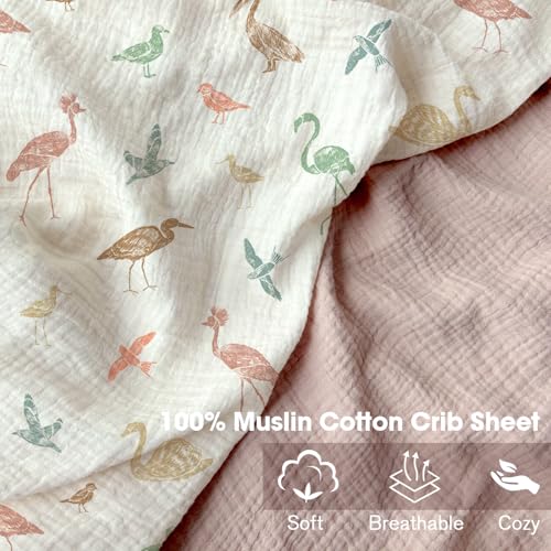 Image of Little Grape Land Muslin Crib Sheets Fitted for Boys and Girls 2 Pack, 100% Cotton Baby Bed Sheets Soft Breathable, Neutral Fitted Baby Mattress Sheets for Standard Crib 52x28 inches, Wetland Bird