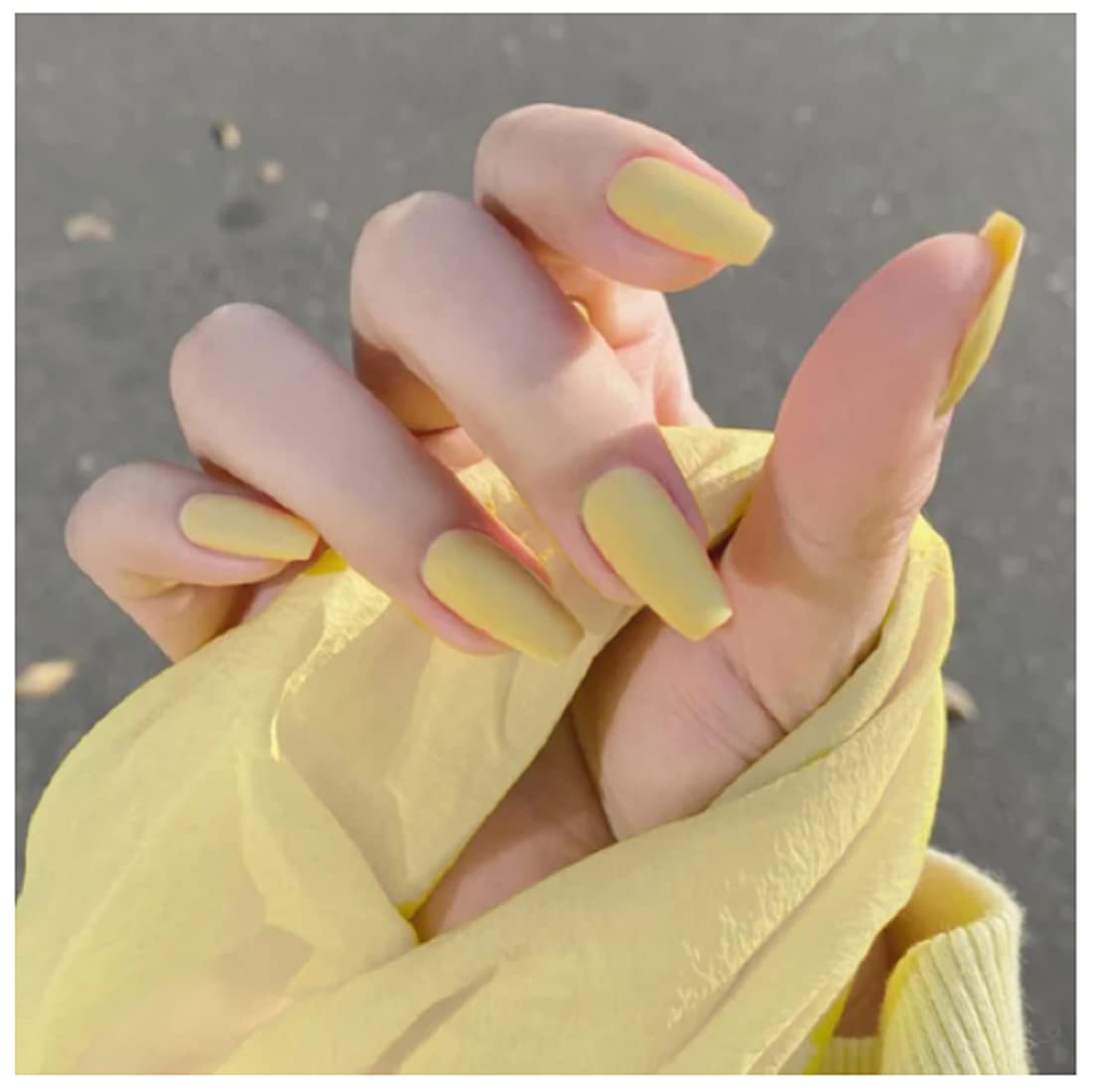 24 pcs Press on Lemon Yellow || Matte frost Finish Round tip || fake Artificial Nails extension set || with Nail glue Sticker sheet for girls women.-image-46
