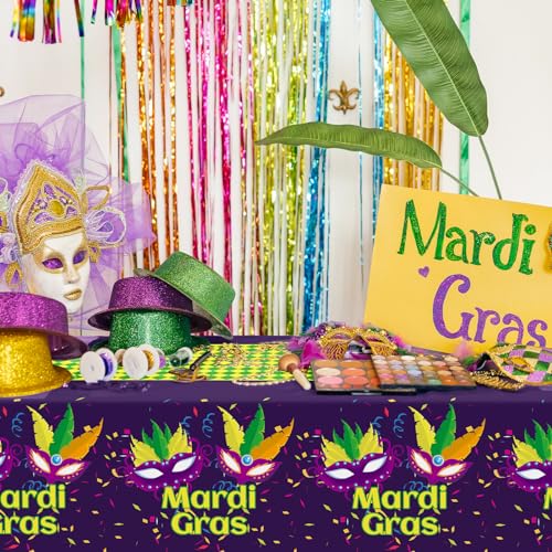 Image of Childom Mardi Gras Decorations,3 Pack Disposable Plastic Tablecloths for Rectangle Table 54 inch x 108 inch Mardi Gras Tablecloths for Party Decor,Table Cloths for Birthday,Home,Dinner,Carnival,Party Supplies