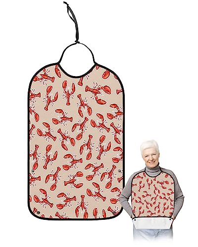Kewadony Adult Bibs for Elderly Women - Coastal Red Lobster Filling Waterproof Dining Clothing Protectors with Crumb Catcher for Eating/Feeding, Retro Marine Life Terry Cloth Bib Machine Washable