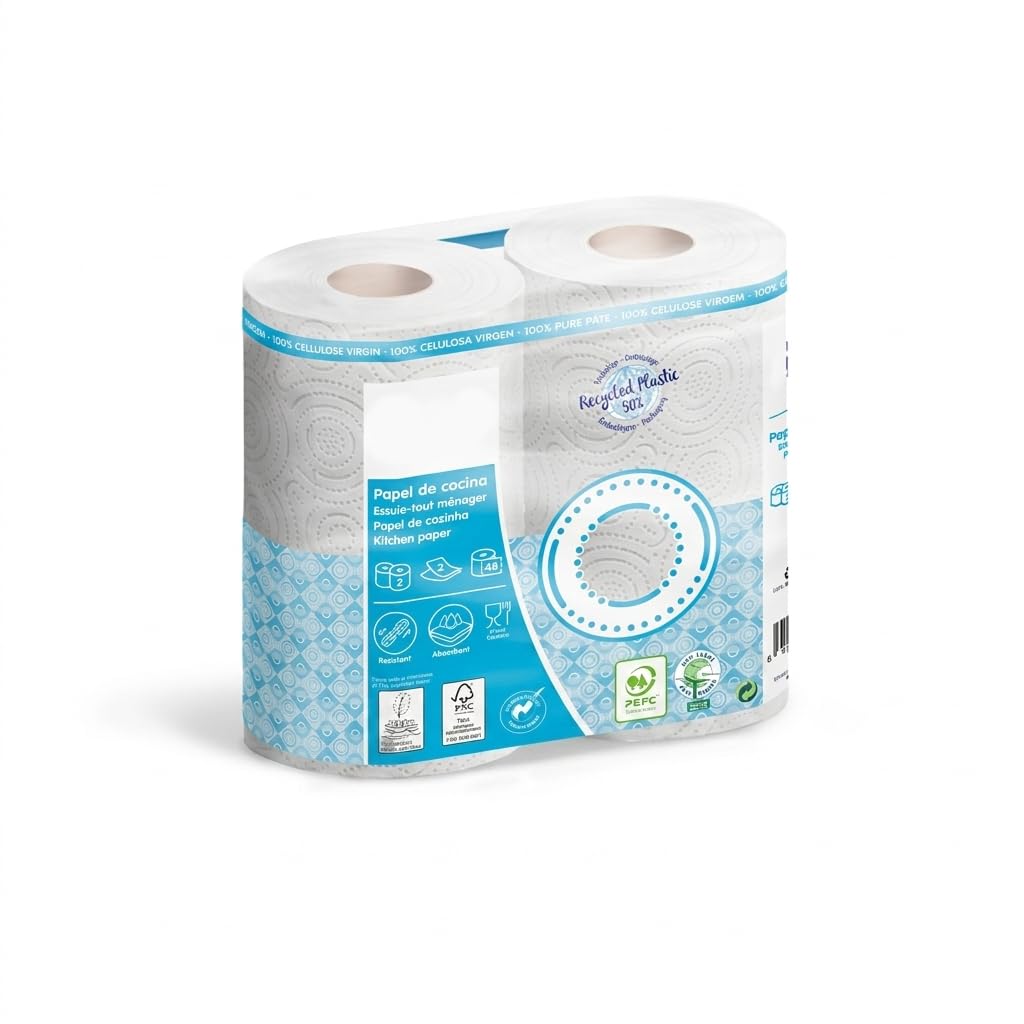 Pack 24 Rollos Papel de Cocina Pasta Virgen 2 Capas Gofrado 90 Servicios 21,6 m Mandril 43 mm Ecolabel FSC Food Contact Papel Absorbente para Cocina y Uso Profesional