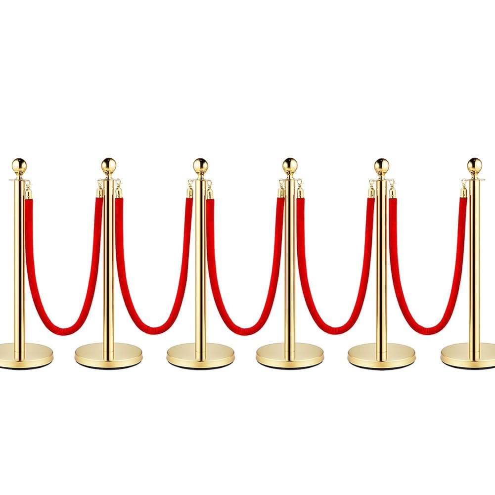 Premium Absperrstab mit Seil - Robuster Crowd Control Bandstab für Warteschlangen, Events & Ladenmanagement, Set mit 5 ft/1.5 m rotem Samt Seil (6)