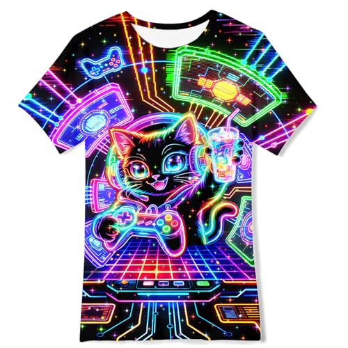 ALISISTER Jungen T-Shirts Sommer Tops Neon 3D Katzen Gamepad Lustig Kinder T-Shirt 11-12 Jahre