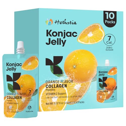Hethstia Orange Konjac Jelly with Collagen Peptides, 10 Pouches Fruit Jelly Snacks, Low-Calorie Drinkable Jelly with Vitamin C, Sugar-Free, Keto, Gluten-Free, On-The-Go Light Snacks Orange F