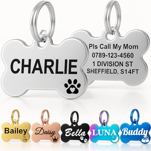 Personalised Dog Tags for Pets UK Prime Deep Engraved Cat Dog Name ID Tags Stainless Steel Pet Tag for Doggy Kitten Kitty Puppy Scratch Resistant Tag (Silver Bone L)