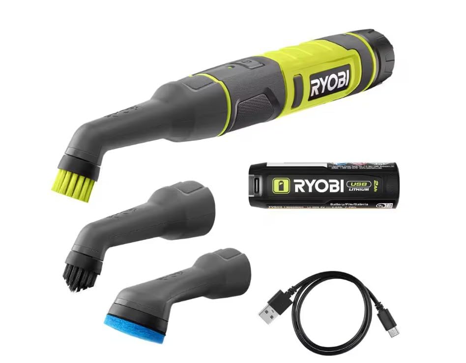 RYOBI USB Lithium Cordless Compact Detail Scrubber Kit w/ 2Ah Battery, Charging Cable & (3) Head Attachments-Med, Hard & Scour