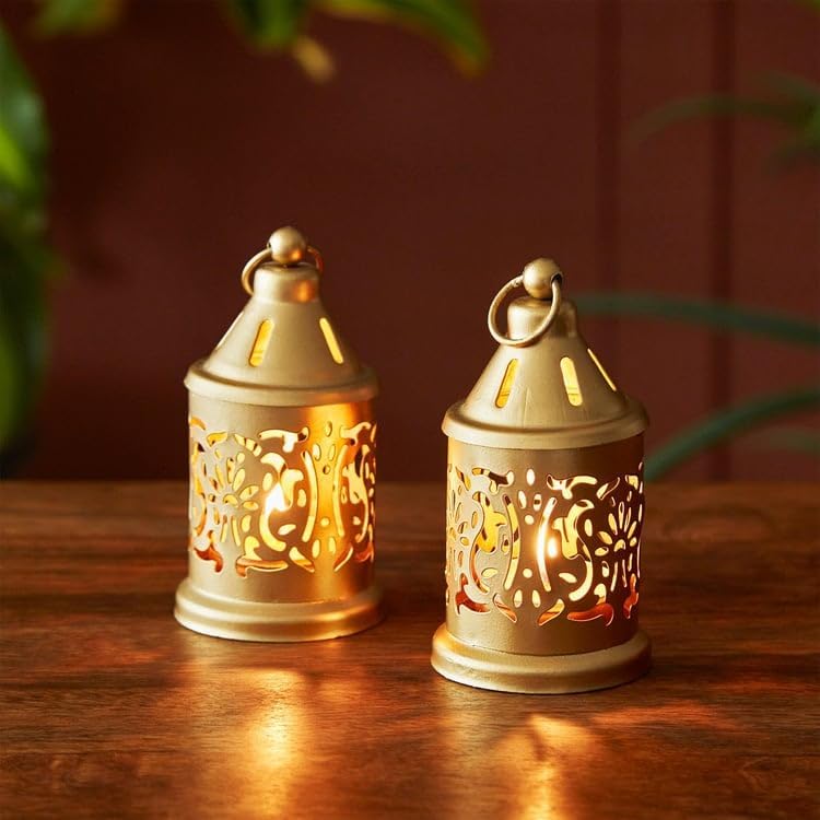 Image of Hanging Metal Candle & Tealight Holder Lantern Set with LED Candle - Vintage Golden Decorative Lanterns for Home, Living Room, Dining Table, Balcony, Garden, Festival & Gift (Pack of 6)