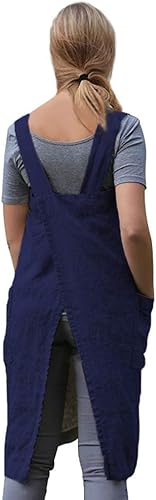 Miniatura 5 de Larmliss Delantal tipo pinafore cuadrado para mujer, para hornear, cocinar, jardinería, con espalda cruzada, mezcla de algodónlino, con 2 bolsillos