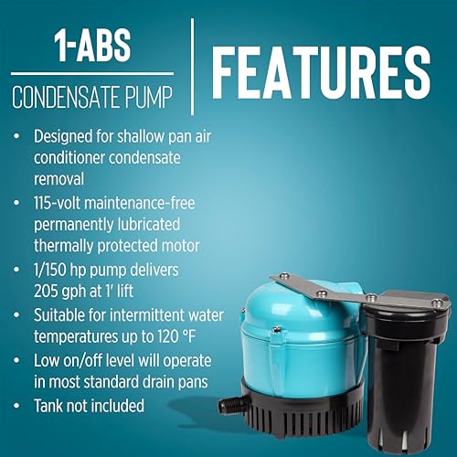 Image of Little Giant 1-ABS 115-volt, 1 /150 HP, 205 GPH Automatic Shallow Pan Condensate Removal Pump for Ceiling Mounted Air Conditioners or Dehumidifiers, Black /Blue, 550521