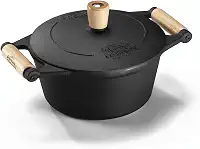 Caçarola de Ferro Fundido Panela Mineira 3 Litros com Tampa de Ferro e Cabo de Madeira, 22 cm, Ideal para Fogão a Gás, Indução, Elétrico e a Lenha, Cozimento Uniforme, Alta Retenção de Calor