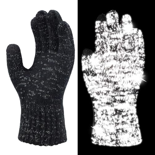 Oeyliz Reflective Winter Running Gloves Men Women Reflective Gloves Touch Screen Cold Weather Black Winter Gloves Knit Warm Gloves High Visibility Safety for Night Running Walking Fishing One Size