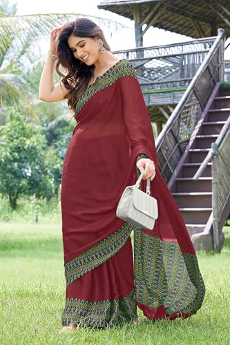 Image of MIRCHI FASHION Saree for Woman Chiffon Georgette Polka Dot Border | Plain Lightweight Women's Sari with Printed Pallu and Blouse Piece