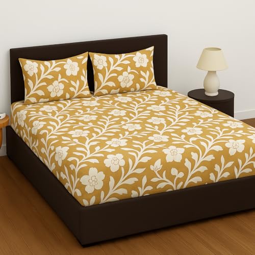 Image of Elastic Fitted Bedsheets with 2 King Size Pillow Covers | Double Bed with All Around Elastic, Size 72 x 78 x 8 Inches (Yellow Floral)