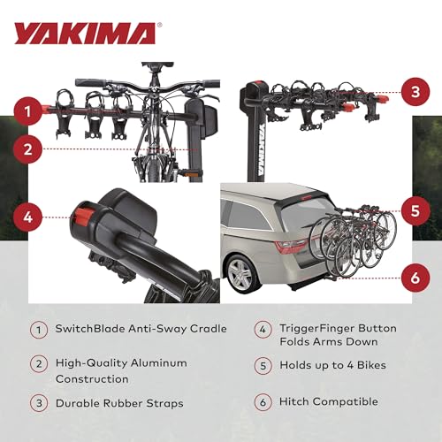 YAKIMA DoubleDown 4 - Tilting Hitch-Mounted Bike Rack for Cars, SUVs, Trucks and More, Fits 1.25” and 2” Hitches, Anti-Sway and Folding Arms, Carries 4 Bikes