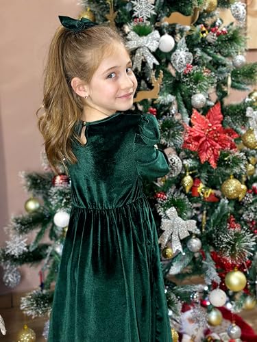 Rolanko Girls Velvet Fall Dress Square Neck Puff Long Sleeve Christmas Party Dress Kids with Pockets 5-12 Y3