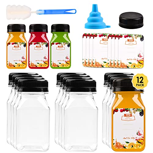12pcs 4oz Mini Plastic Juice Bottles with Caps for Juicing & Smoothies Reusable Empty Clear Bottles with Label Funnel and Brush Bulk Beverage Drink Containers with Lids for Mini Fridge Milk Water