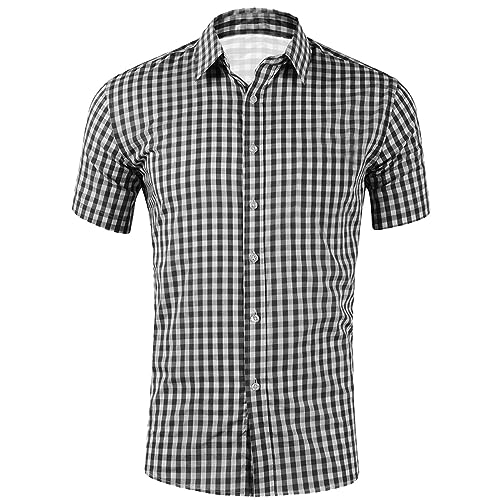 Generisch Sommerhemd,Kariert Hemden Herren Kurzarm Rot Blau Oktoberfest Freizeithemd Casual Regular Fit Trachtenhemd Leinenhemd Sommerhemd Trachtenhemd Kurzarm Outdoor Button Down Hemd Schwarz M