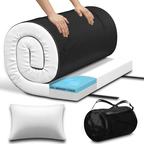 Single Foldable Gel Memory Foam Floor Mattress Roll Up Topper Pad Portable Guest Bed for Camping Camper Van & Home Comes With Pillow and Carrying Bag White 190x75x7.5cm
