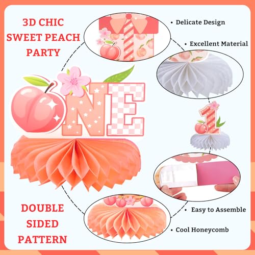 Image of 9pcs Peach One Birthday Honeycomb Centerpieces First Birthday Party Table Decorations Sweet ONE Peach Tabletop Centerpieces Baby Shower First Birthday Table Topper Sign Decorations