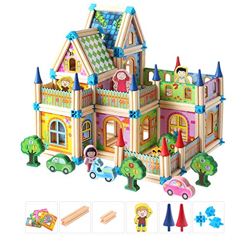 Wooden Building Blocks Set for Kids Toys, Construction Toy and Minifigures, Castle and Farm Building Set, Great Gift for Players Aged 3 and up, New 2020 (268 Pieces)