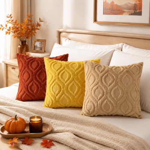 Image of decorUhome Fall Throw Pillow Covers 20x20 Inch Set of 2, Soft Plush Faux Wool Mustard Yellow Solid Couch Pillow Covers, Accent Farmhouse Neutral Square Pillow Cases for Sofa Bed Living Room